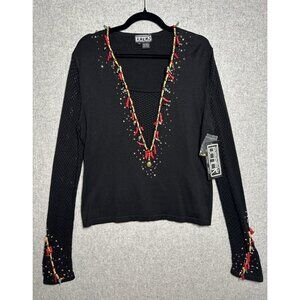 NWT Berek Takako Sakon Womens XL Top Beaded Black Long Sleeve Fishnet Sleeve